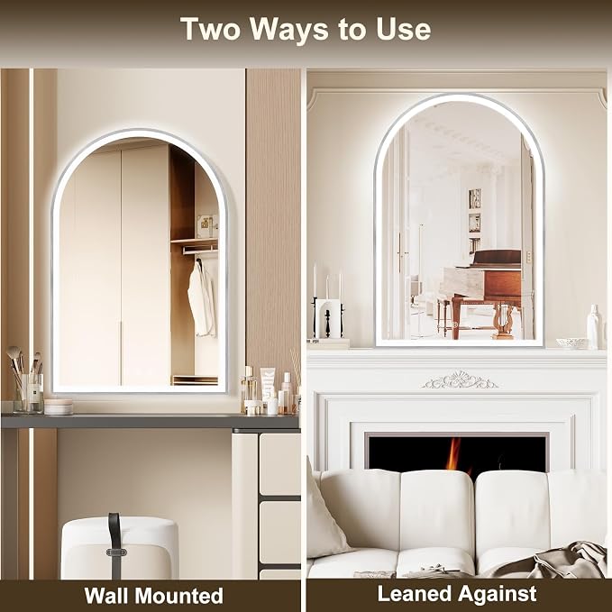 24"x36" Arched LED Lighted Bathroom Mirror with Lights | Silver Aluminum Frame, Fogless, Dimmable, Shatterproof, Touch Sensor, 3 Color Changing