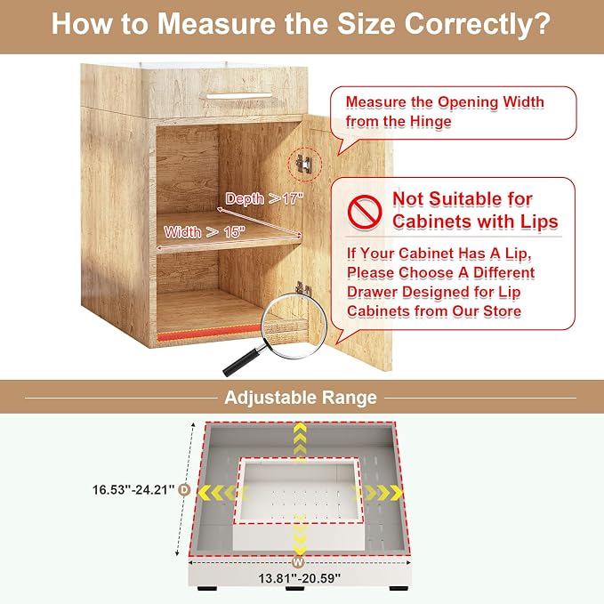 Fokyfok Pull out Cabinet Organizer,14"-21"W, 17"-24"D,Expandable,Adhesive | No Drill,3 Rails,Adjustable Slide out Drawers for Kitchen,Pantry,Roll out Shelves,for Cabinets Without Lip,Bathroom,White,1PC