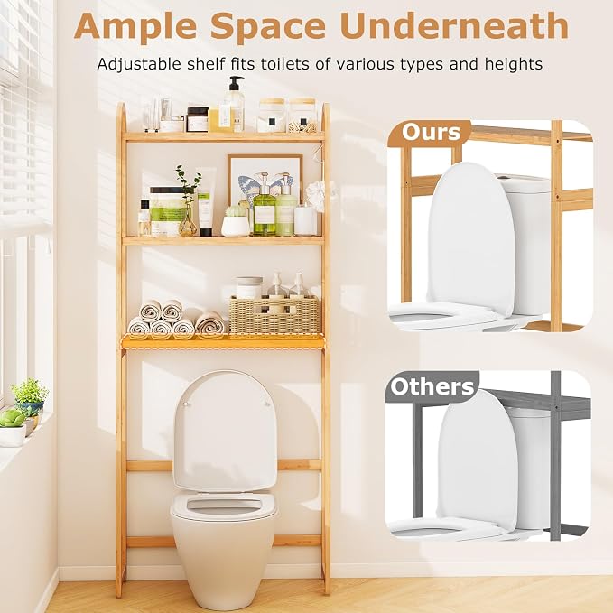 GIANTEX Bamboo Over The Toilet Storage, 3-Tier Over Toilet Bathroom Organizer with 3 Hooks & Adjustable Shelves, Freestanding Space Saver Above Toilet Shelf Rack for Laundry, Balcony, Restroom