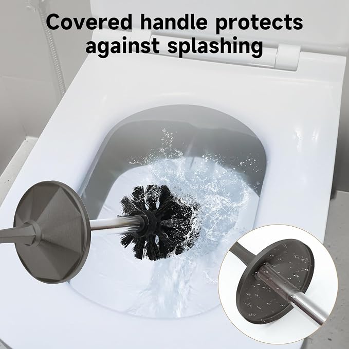 Pewter Toilet Brush and Holder，Extra Long Handled Toilet Brush for Bathroom，Stainless Steel Heavy Duty Toilet Bowl Brush,Deep Cleaning Modern Toilet Cleaner Brush -Space Saving, Covered Brush