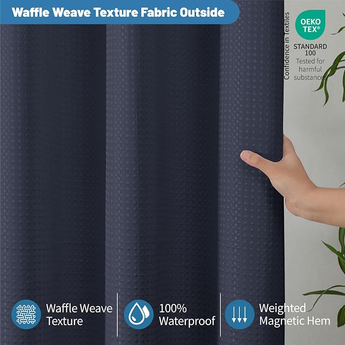 2-in-1 Waterproof Fabric Shower Curtain - No Separate Liner Needed, Hotel-Style Waffle Weave, Effortless Cleaning & Washable Bathroom Shower Curtain Set,72Wx78H,Navy Blue