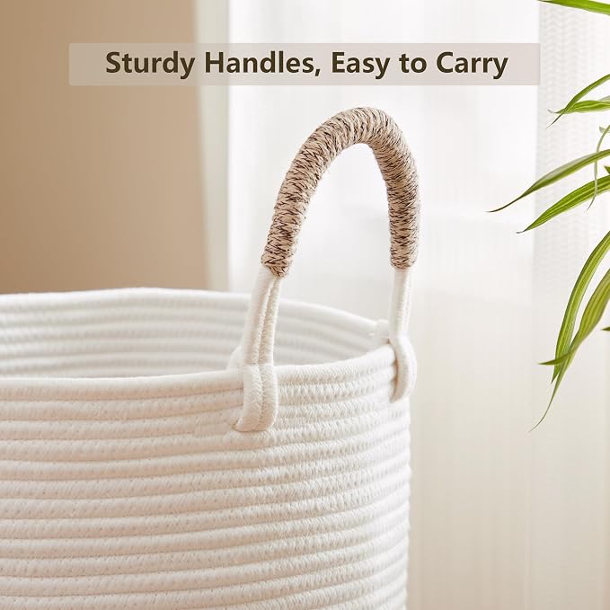 60L Hamper Laundry Basket Tall Woven Rope Clothes Hamper Brown | Baby Girls Nursery Kids Blanket Basket in Living Room Bathroom Bedroom 15Dx20H Inches Large