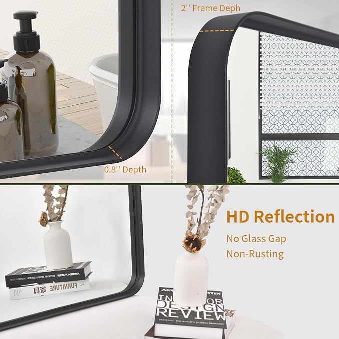 Bathroom Mirror 24x36 inch, Black Gorgeous Deep Frame Wall Mirror, Modern Round Corner Bathroom Vanity Mirror for Bedroom, Living Room, Hanging or Leaning Horizontal or Vertical, Black