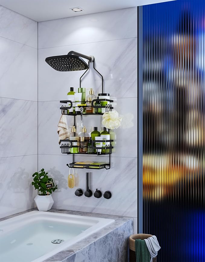 HapiRm Bathroom Hanging Shower Caddy - Rustproof & Waterproof Shower Shelf with 12 Hooks and 2 Soap Holders, No Drilling Bathroom Organizers and Storage - Black