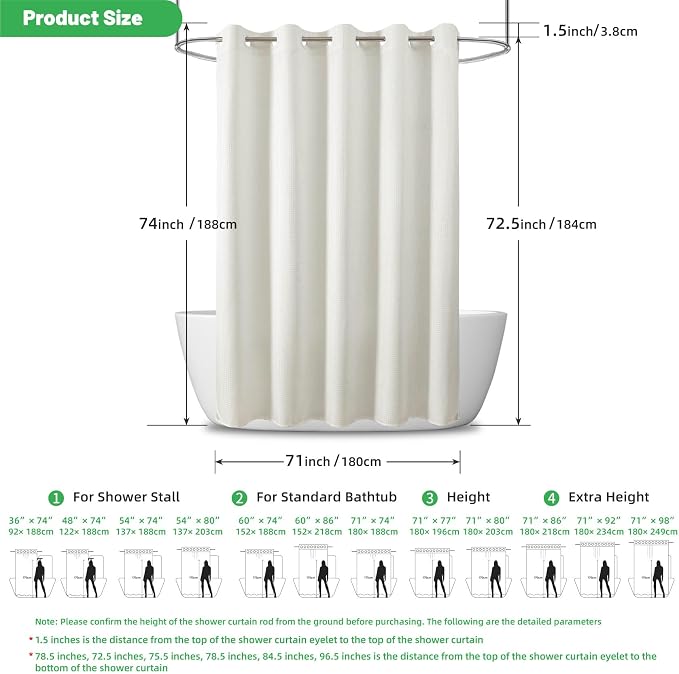 No Hook Waffle Shower Curtain, No Liner Needed Separate, 71x74 Inch, Cream | 100% waterproof TPU-laminated backing, magnetic weighted hem, machine washable, shower curtain set for bathroom or hotel use