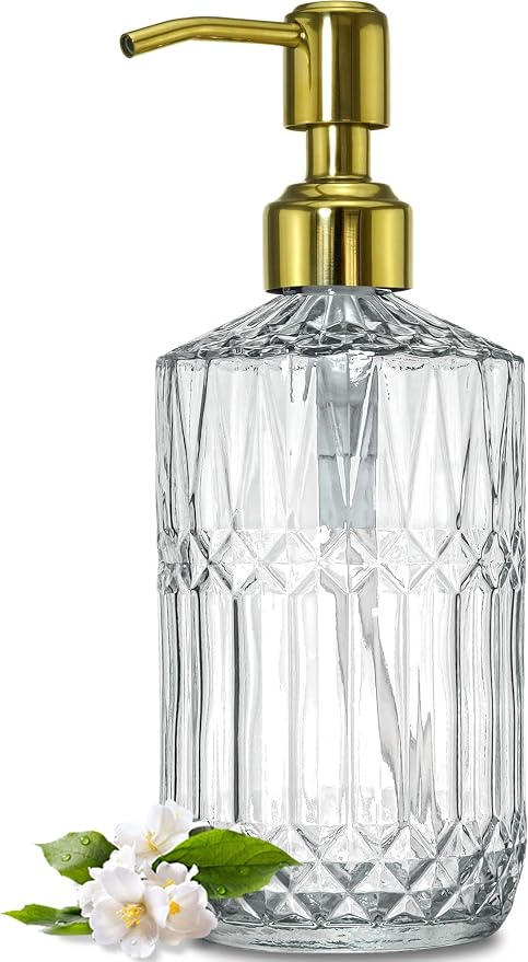 JASAI 18Oz Dazzling Clear Glass Soap Dispenser with Gold Pump for Bathroom | Refillable Kitchen soap Dispenser for Dish Soap, Bathroom Soap Dispenser for Hand Soap, Lotion, Liquid Soap.