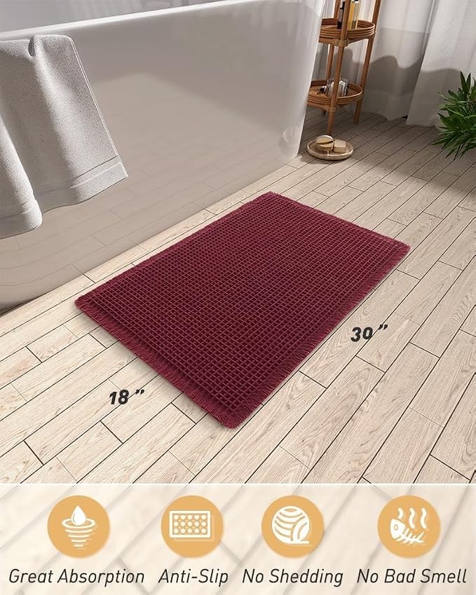 AMOAMI Upgraded Waffle Bath Mat, Super Absorbent Non Slip Bath Mats for Bathroom Floor, Washable Bathroom Rugs with Tassels, Rubber Backed Bathroom Mats, Ultra Soft, 18" x 30", Burgundy