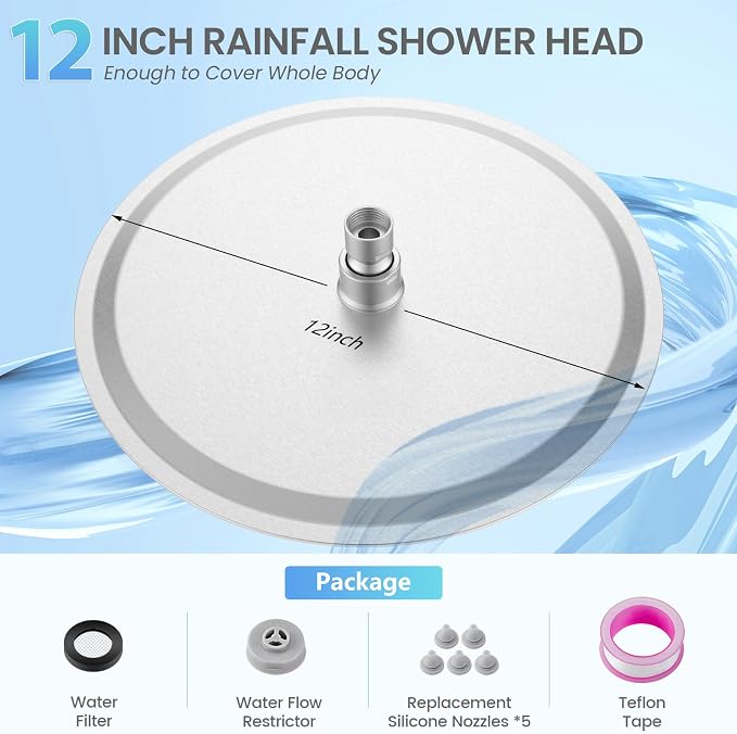 12 Inch Brushed Nickel Round Rain Shower Head - All Metal Stainless Steel Full Body Rainfall Shower with 120 Silicone Nozzles Modern Bathroom