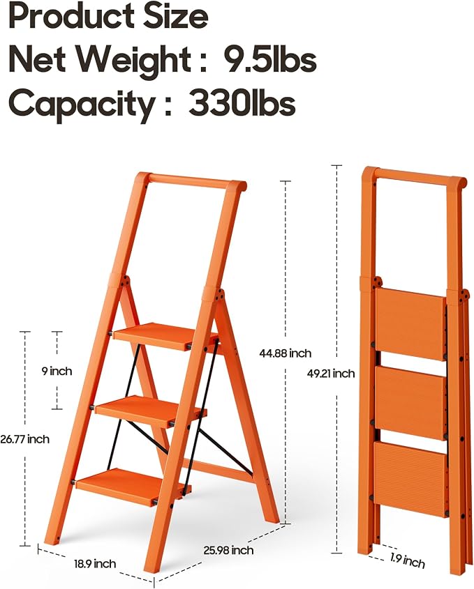 HillhutApex Aluminum 3 Step Ladder, Step Stool Foldable Ladder(Orange) | Stepladder with Handgrip,Anti-Slip Pedals,330lbs Capacity,Lightweight Portable Folding Ladder for Home,Office,Libaray