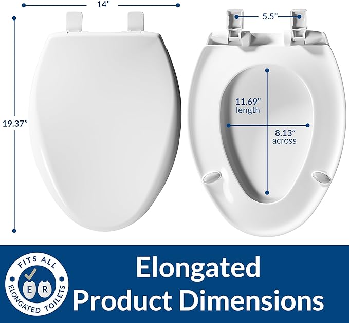 Mayfair Aurora Slow Close Toilet Seat, Easy Clean Hinges and Adjustable Perfect Fit Plastic Seat, Made in USA, Elongated, White