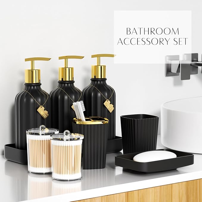 21PCS Bathroom Sets with Shower Curtain and Rugs Bathroom Accessories Set Black Bathroom Set Complete with Trash Can, Toilet Brush, Qtip Holder & 3PCS Soap Dispenser