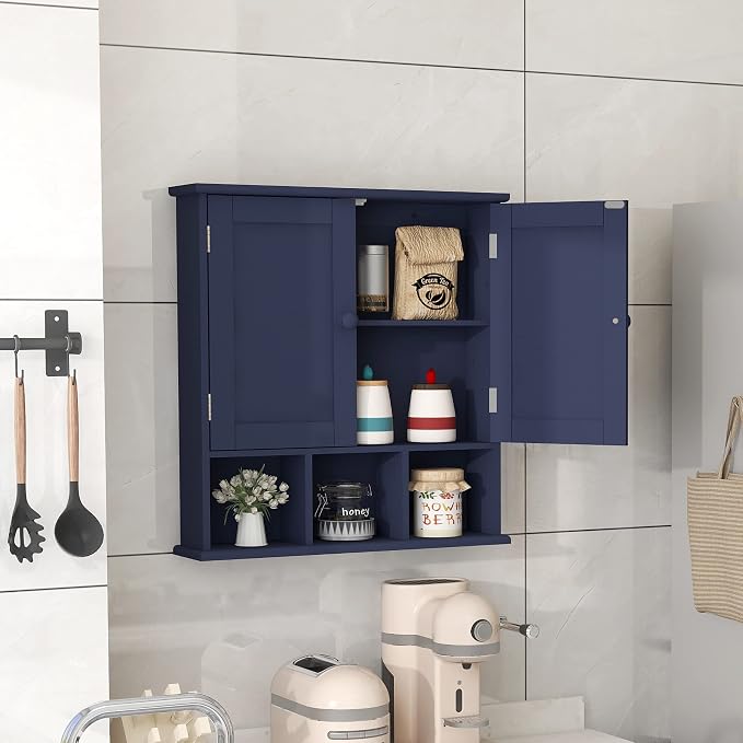 TaoHFE Blue Bathroom Over The Toilet Storage Cabinet | Wall Medicine Cabinet Organizer With 2 Door Adjustable Shelves,Wooden Modern Bathroom Shelves Wall Mounted Laundry Room