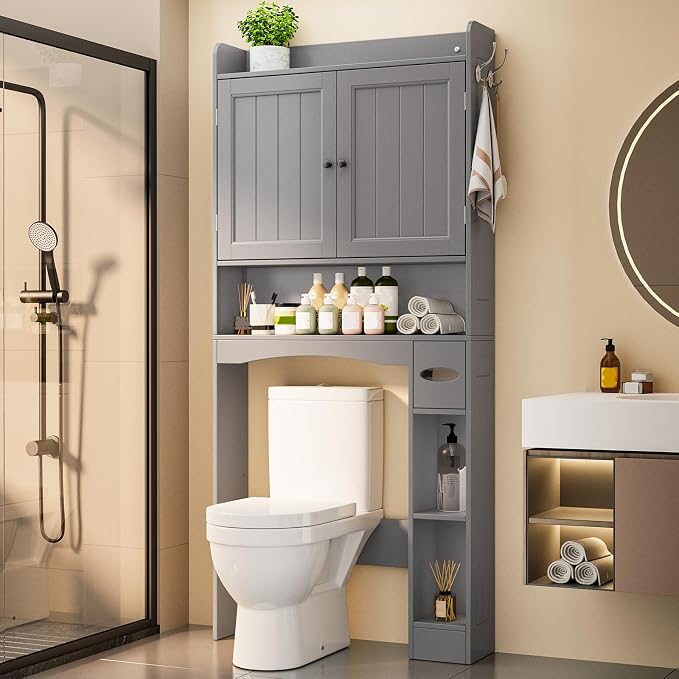 Over The Toilet Storage Cabinet, 32.3" W, Espresso | Over Toilet Bathroom Organizer with Doors, Adjustable Shelves, Toilet Paper Holder, 2 Side Hooks, for Bathroom, Laundry