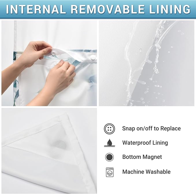 No Hook Floral Shower Curtain with Liner, Eucalyptus Blue, 71x74 | Snap in Liner, 3 in 1, Water Repellent, Easy Install, Machine Washable, Hotel Style for Bathroom, Watercolor Pattern