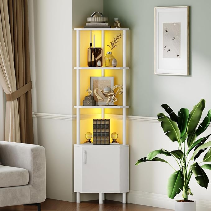 HOOBRO Corner Cabinet with LED Light, Corner Shelf Stand with Storage and Doors, 5-Tier Industrial Corner Bookshelf, 59” Tall Display Rack Shelf, for Living Room, Kitchen, White WT147DCJ01
