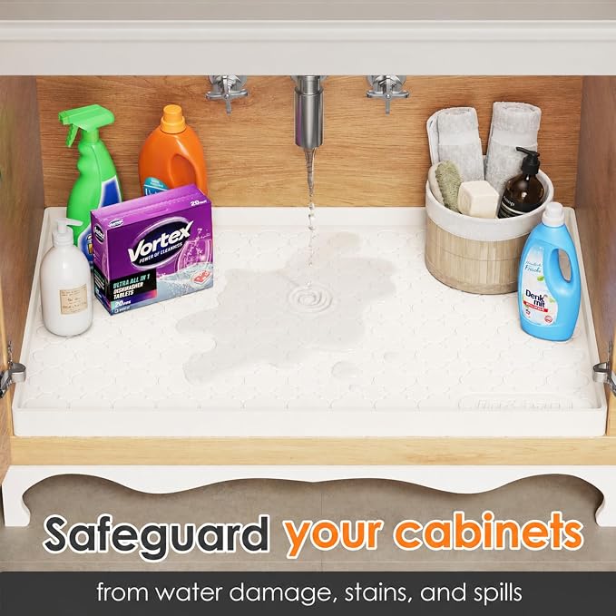 Jin&Bao Under Sink Mat 34" x 22" Waterproof Silicone Cabinet Kitchen Liner | Silicone under kitchen sink mat,cabinet protector,bathroom shelf liner,raised edge,anti-slip,easy to clean & dishwasher safe