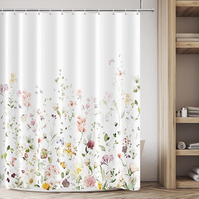 Tititex Blomming Bright Colorful Pink White Floral Shower Curtain, Watercolor Green Leaves with Butterflies Plant Bathroom Decoration Shower Curtain Sets 71x71 Inch with Hooks