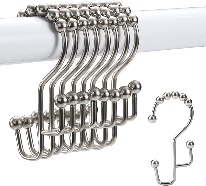 Shower Curtain Rings, SUTINE Double Shower Curtain Hooks, Rust-Resistant Stainless Steel Shower Curtain Rings, Easy Sliding Metal Shower Hooks for Shower Curtains & Liners, 12pcs-Matte Nickel