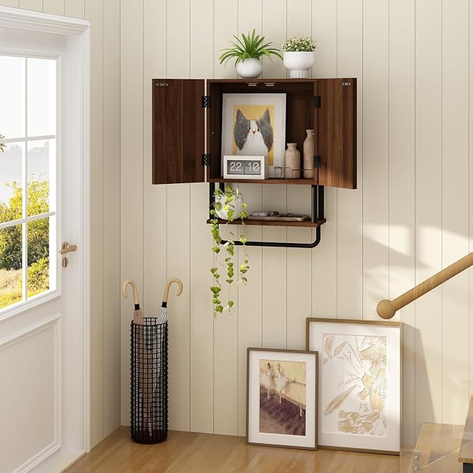 RUSTOWN Fluted Bathroom Wall Cabinet with 2 Doors, 3-Tier Medicine Cabinet | Modern Farmhouse Wall Mounted Cabinets, Over The Toilet Storage Cabinet, Adjustable Shelf and Towel Bar, Small