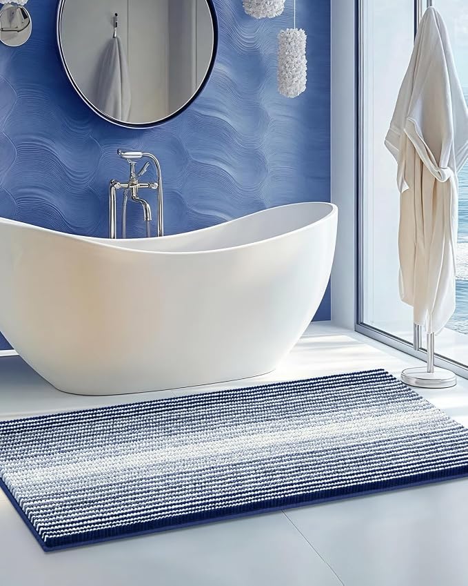 Chenille Bathroom Rugs, 21 x 60 Inches Non Slip Absorbent Bath Mat, Soft Shaggy Shower Bath Floor Mats for Bathroom, Machine Washable(Navy)