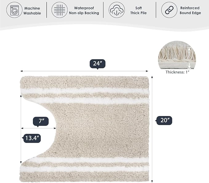 PURRUGS Bathroom Rug, Bath Mat, 20" x 24" U-Shaped, Beige | Machine Washable, Non-Slip, Waterproof TPR Backing, Super Absorbent, Quick Dry, Contour Rug for Toilet Base