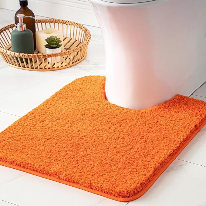 MIULEE Fall Orange Microfiber Toilet Bath Rug U-Shaped Contour 24x24 Inch | Absorbent, Non Slip, Quick Dry, Fluffy Bath Rugs for Bathroom Floor Tub Showers, Machine Washable