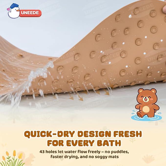 UNEEDE Non Slip Bathtub Mat for Kids | Natural Rubber Toddler Bath Mat with 126 Suction Cups and 43 Drainage Holes, Soft Machine Washable Bathroom Essentials