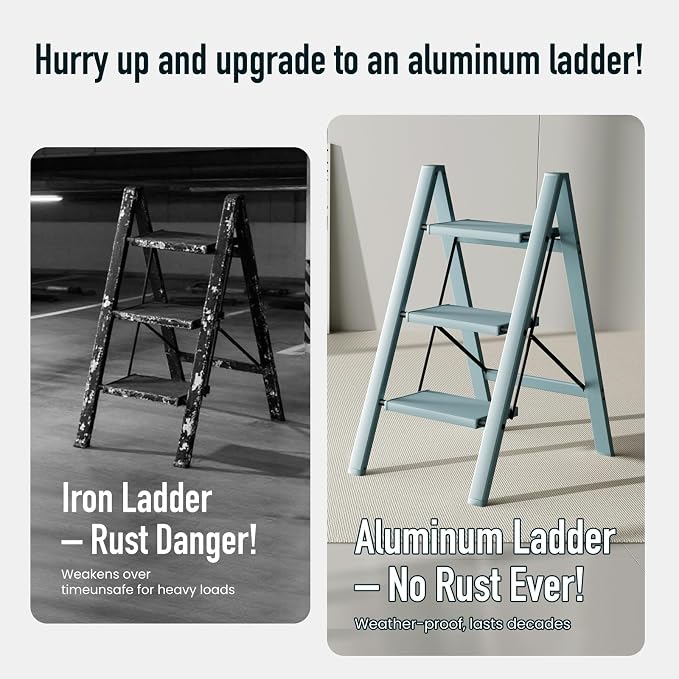 Mayi Plus 3 Step Stool Foldable, Aluminum, Lightweight Step Ladder | Extra-wide anti-slip folding steps with 330 lbs, for home,kitchen,office,outdoor,office,Blue