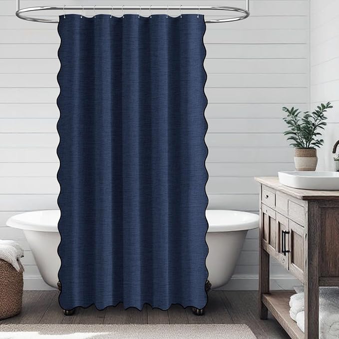 Boho Scalloped Linen Textured Cloth Shower Curtain, 60x84, Navy Blue | Narrow Long Size, 230GSM Waterproof Polyester, Heavy Duty Fabric, 10 Plastic Hooks, Modern Farmhouse Style, Machine Washable