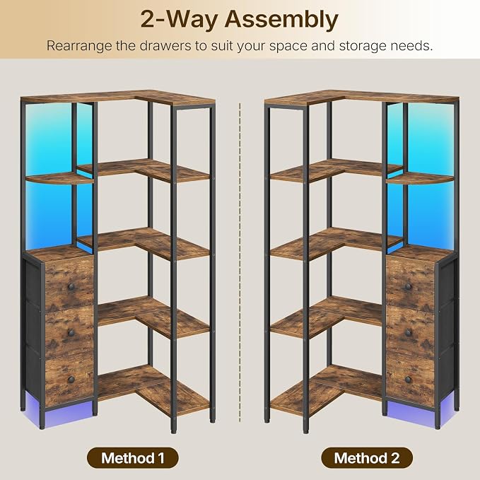 Corner Bookshelf, 5-Tier L-Shaped Bookcase with 3 Fabric Drawers, Storage Display Shelf, Freestanding Tall Open Shelf, for Living Room, Bedroom, Home Office, Rustic Brown SJ12BR