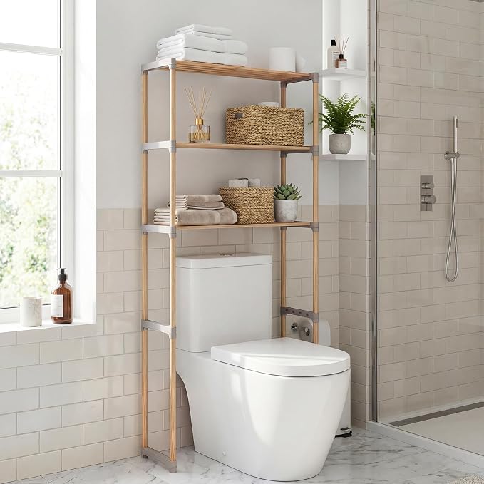 Giantex Over The Toilet Storage Shelf, 3-Tier Pine Wood Space-Saving Above Toilet Shelf Rack, Freestanding Over Toilet Bathroom Organizer for Laundry, Balcony, Restroom