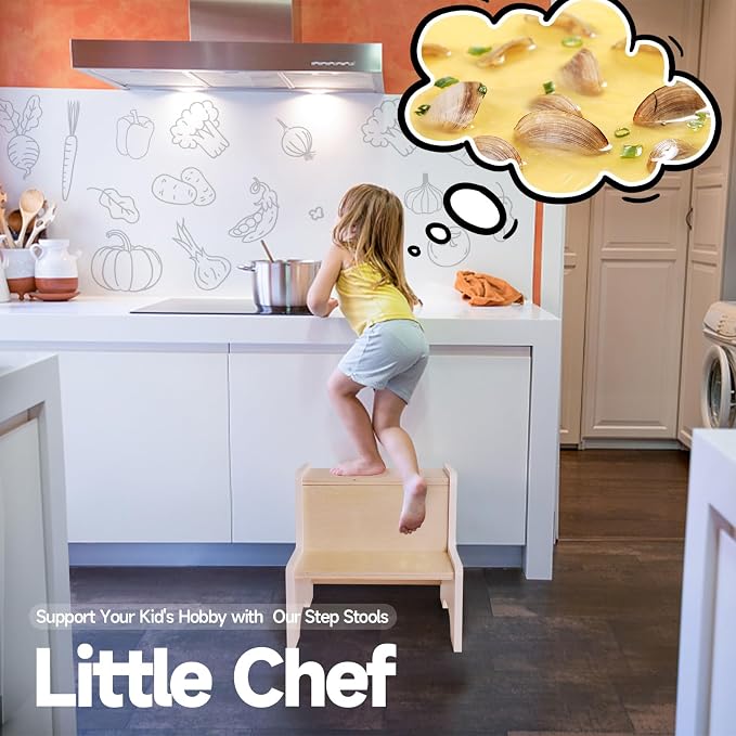Kids Step Stool for Toddler, Wooden White-Natural Patchwork Two Step Children's Stools with Handles, Bonus Non-Slip Pads for Safety, Bathroom Potty Stool & Kitchen Step Stools Dual Height