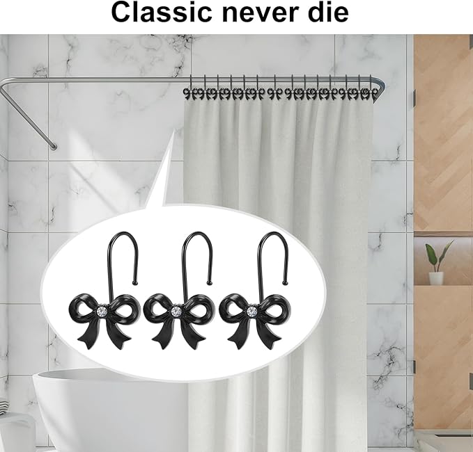 Bow Shower Curtain Hooks, 12-Pack Black Metal Decorative Bow Knot Rings | Rust-resistant metal rings with black bow knot accents add decorative charm to bathrooms, guest baths