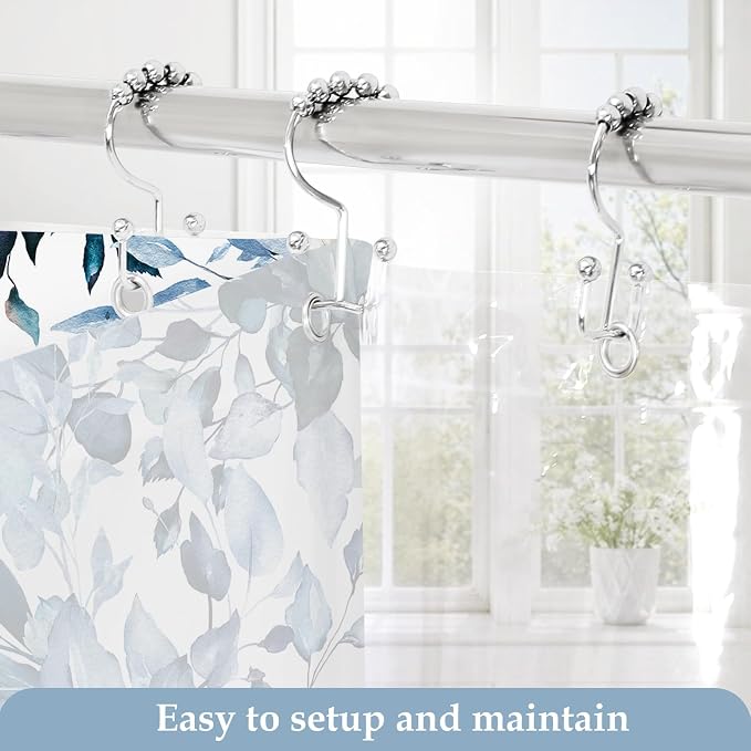 3 in 1 Shower Curtain Set, Blue Eucalyptus Curtain 72x84 | Bath Curtain and PEVA Liner Set with 12 Metal Hooks, Waterproof Fabric Bathroom Decor, Machine Washable, Rustproof Grommets