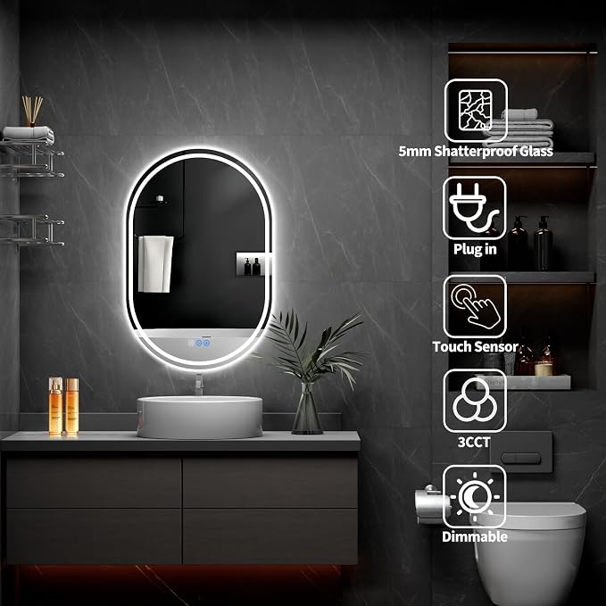 Oval LED Bathroom Mirror, 22"x 32" Frameless Lighted Mirror | LED Mirror with Front Light & Backlit, Anti-Fog, Dimmable Wall Mounted Lighted Mirror, Pill-Shaped Smart Bathroom Mirror