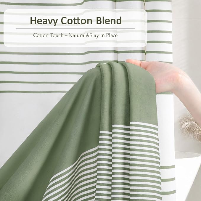 Sage Green Boho Cotton Striped Shower Curtain with Tassel 72"W X 78"L | Long Boho Farmhouse Shower Curtains for Bathroom with Soft Cotton Feel