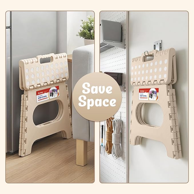 11 Inch Folding Step Stool for Kids, Non-Slip Foldable Stools, Khaki | Heavy Duty Collapsible Foot Stool, Lightweight with Built-in Handle, Holds 300 lb for Adults Kitchen Bathroom Bedroom Outdoor