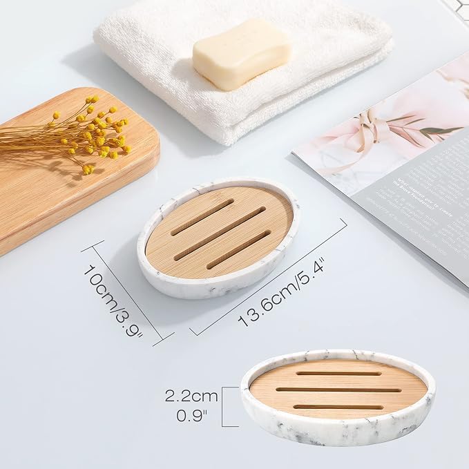 Luxspire Bamboo Soap Dish, Holder for Bathroom& countertop, Gravel White | Resin Soap Holder, Wooden Texture Drainage Design, Keeps Soap Dry, For Shower, Bathroom & Kitchen Sink,
