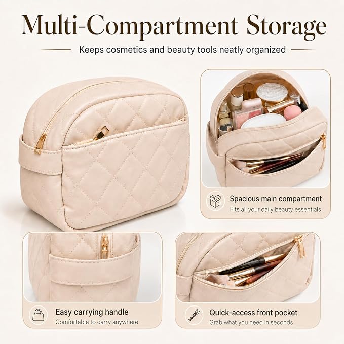 Travel Makeup Bag for Women | Quilted 9 x 4.5 x 6 in PU Leather Double-Layer Cosmetic Organizer with Mesh and Zipper Pockets, Travel Toiletry Bag, Beige