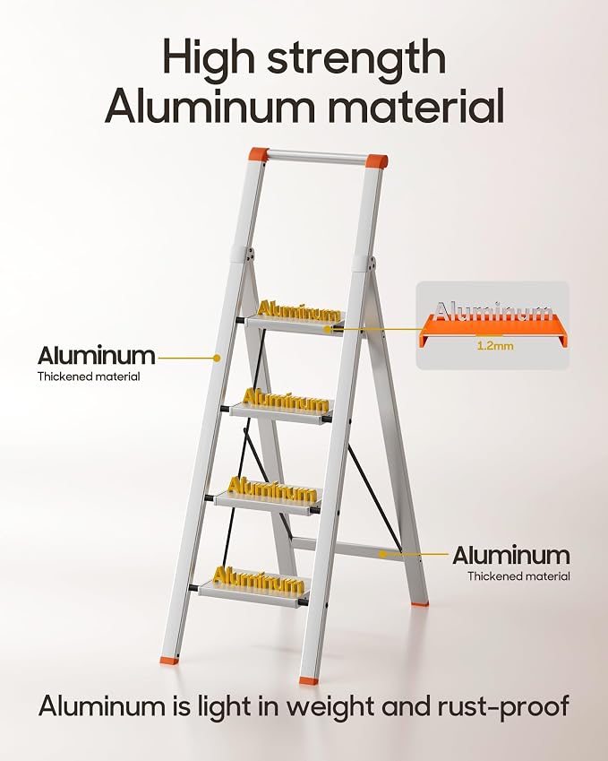 HillhutApex Aluminum 4 Step Ladder, Step Stool Foldable Ladder(Orange) | Stepladder with Handgrip,Anti-Slip Pedals,330lbs Capacity,Lightweight Portable Folding Ladder for Home,Office,Libaray