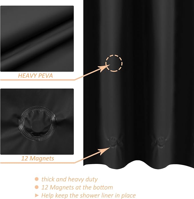 180x70 Extra Wide Size Shower Curtain Liner Black | 12 Bottom Magnets,36 Hooks,32 Rustproof Grommets,Water Proof Heavy Duty PEVA,180W x 70H for Clawfoot Bathtub