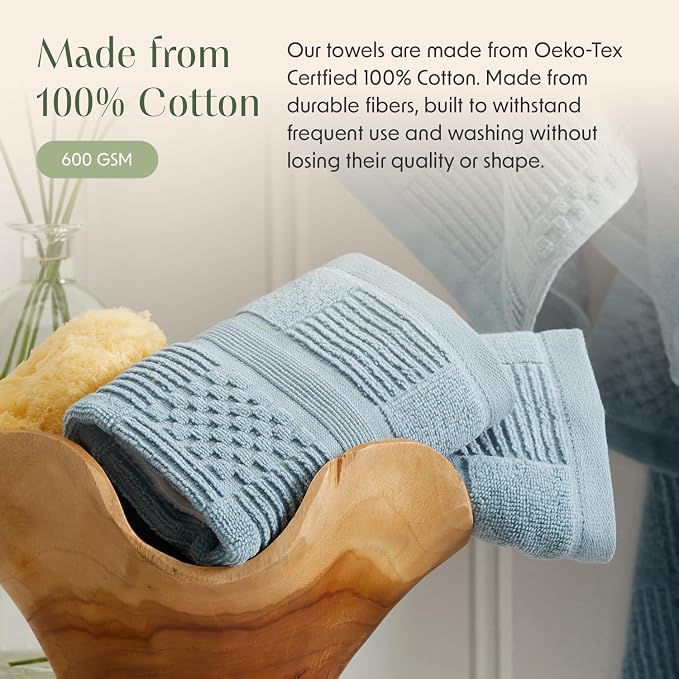 100% Cotton Bath Towel Set | 6-Piece Set | Textured | Blue | Luxury Geometric Design | Absorbent & Quick-Dry Bathroom Towels | Textured and Durable Cotton Towels for Bathroom | OEKO-TEX
