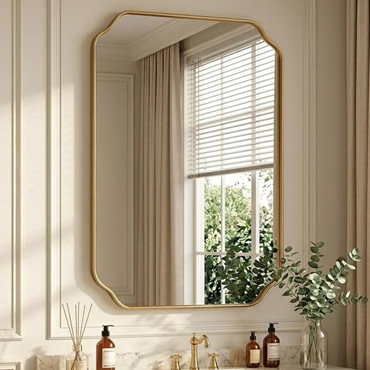 32"x24" Gold Wall Bathroom Mirror, Scalloped Edge Vanity Mirror | Hangs Vertically/Horizontally, Wooden Frame Decorative Mirror, For Vanity, Bedroom & Entryway, Aesthetic Bathroom Decor