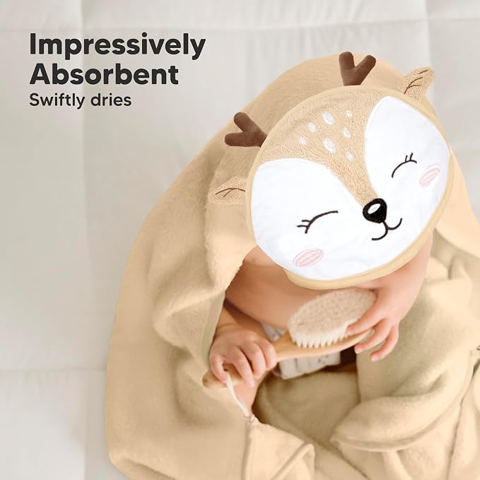 KeaBabies Hooded Baby Towel for Newborn, Baby Bath Towels (Deer, 35x35) | Viscose Derived from Bamboo, Large Baby Towels with Hood, Boys, Girls, Toddler, Soft Absorbent Baby Bath Essentials