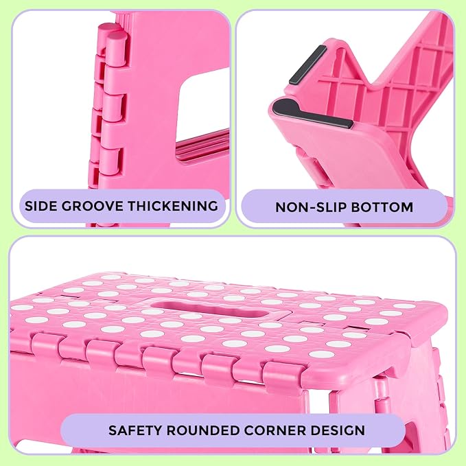 Dyforce Kids Step Stool 9 Inch, 300lbs Folding Step Stool for Toddler | Step stool Pink,Anti-slip Heavy Duty Stool with Handle, Lightweight Foldable Foot Stool for Bathroom Kitchen Bedroom Outdoor