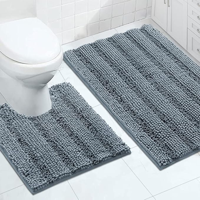 Turquoize Chenille Bathroom Rugs Set Non-Slip Bath Mats for Bathroom Super Absorbent Shaggy Rugs for Tub Toilet Soft Bath Rug Plus U Contour Rug (Oversized: 24" x 36" and 20" x 24" U), Stone Blue
