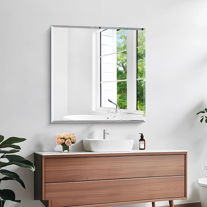 KOCUUY Beveled Mirror, 30x30 Inch Square Frameless Bathroom Mirror for Over Sink, Upgraded Shatterproof Beveled Unframed Design Mirror for Bathroom, Bedroom, Entryway, Hang Horizontal/Vertical