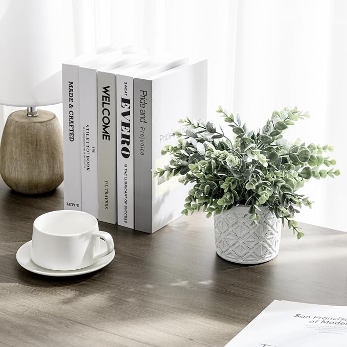 MyGift Artificial Eucalyptus Plant Gray Concrete Pot Geometric Pattern | Lifelike Eucalyptus Foliage, Geometric Embossed Detail, Maintenance Free Décor, Modern Accent, Natural Greenery Look
