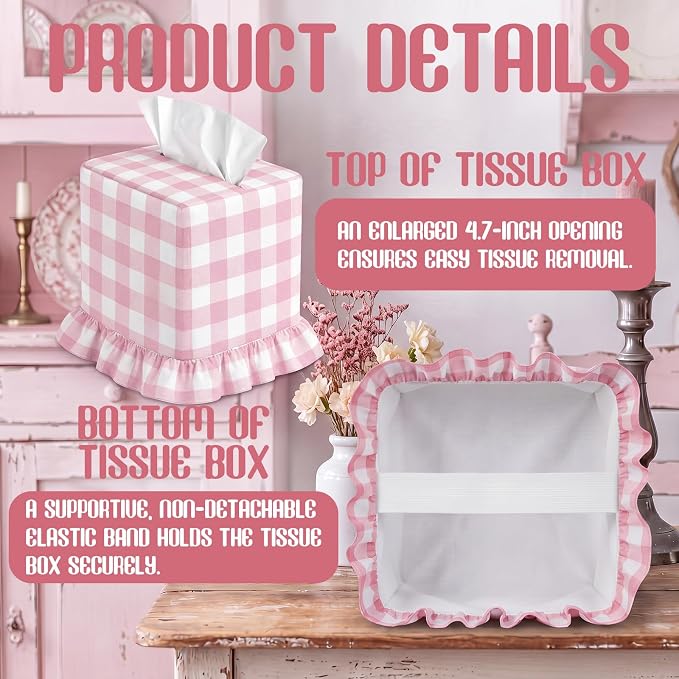 Pink Gingham Tissue Box with Ruffled Cover Cottagecore Handmade Decorative Gingham Napkin Holder for Home Bedroom Living Room Bathroom Vanity Countertop Car Office Kitchen