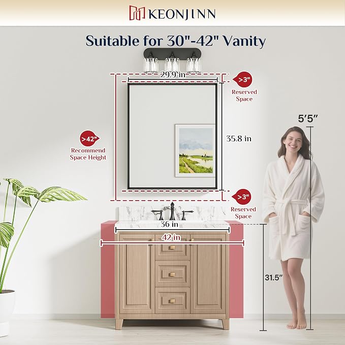 Keonjinn 30 x 36 Inch Black Bathroom Vanity Mirrors for Over Sink | Beveled Metal Frame, Rectangular Rustic Bathroom Mirror for Wall, Tempered Glass, Anti Rust, Square Corner, Farmhouse Style
